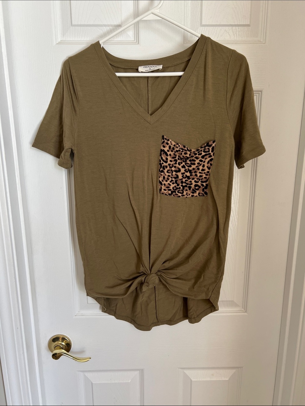 Zenana Outfitters Olive V-Neck Tee with Leopard Pocket